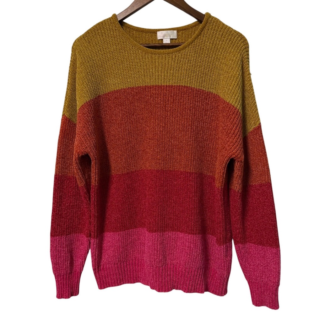 Belle Kim Gravel Sweater Women M Colorblock Chenille Knit Pullover Cozy Fall
